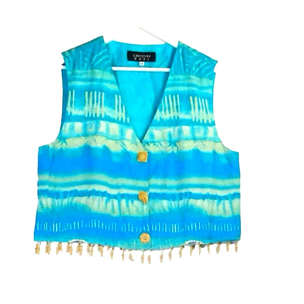 Brocade Blue Vest Women's M Lined Beads Buttons Fringe Art to Wear Coachella